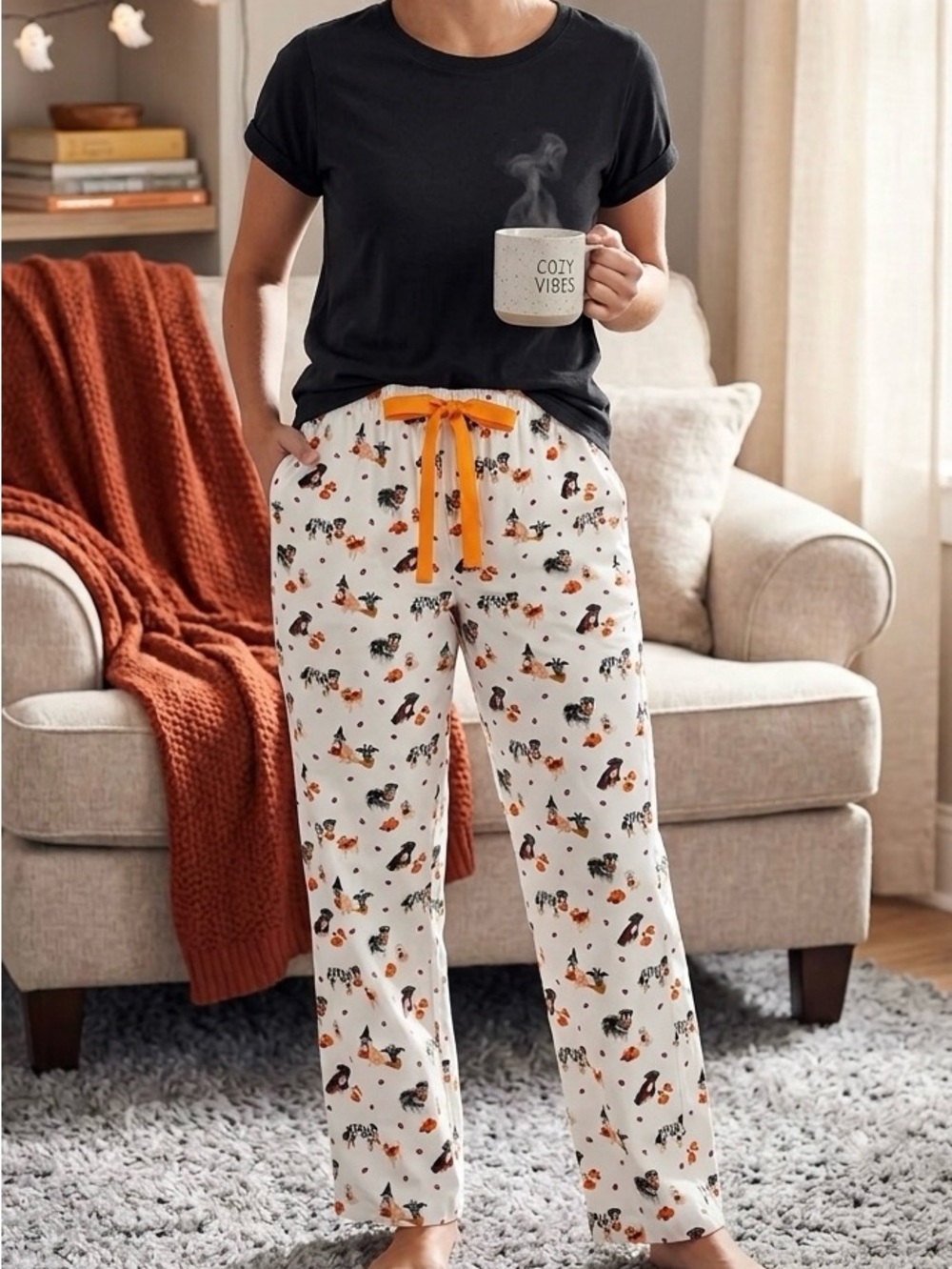 Lands End Spooky Dog Pumpkin Cotton Spandex Pajama Sleep Pants